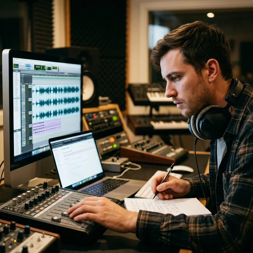 Beat producer tapping a drum pad controller for a new genre idea