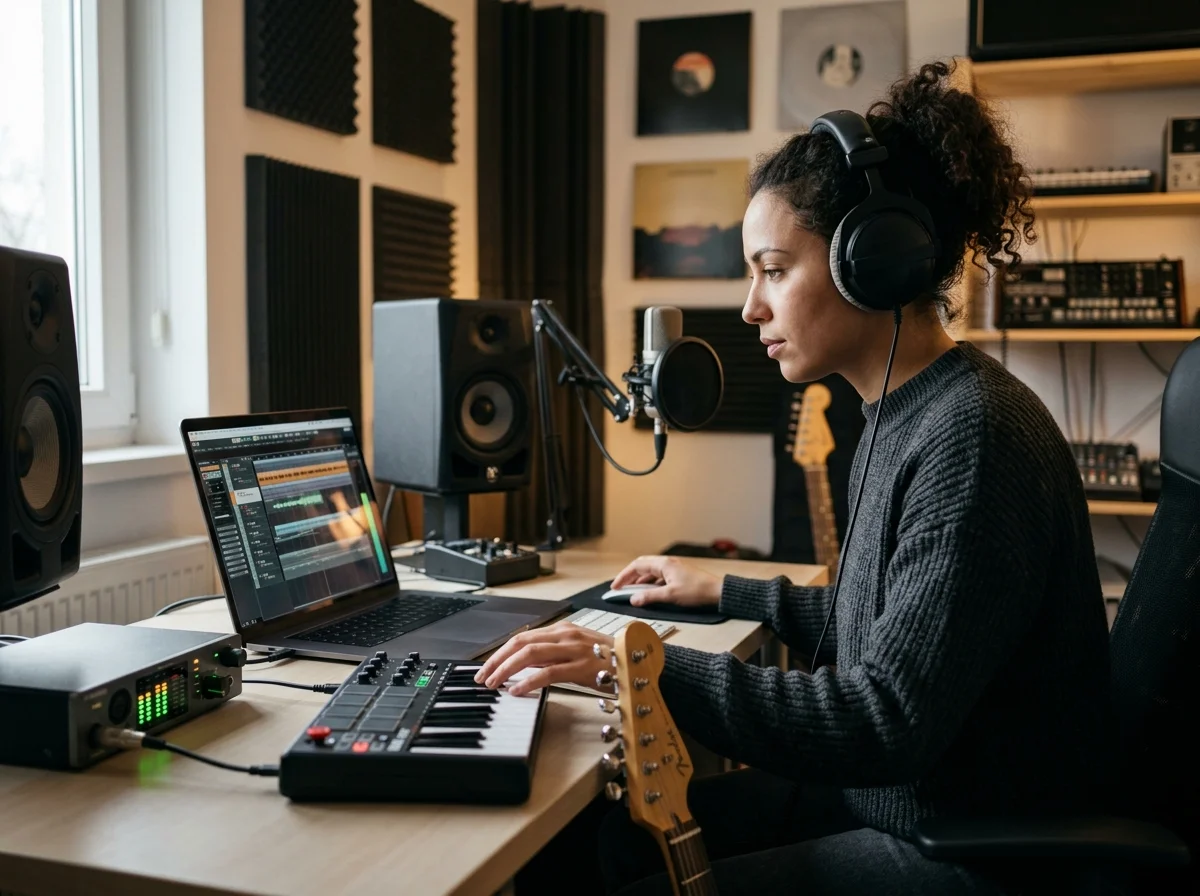 Songwriter turning rough ideas into lyrics with acoustic guitar nearby