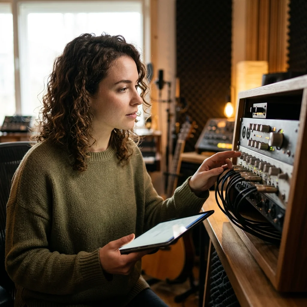 Independent musician shaping an AI music idea in a bright home studio