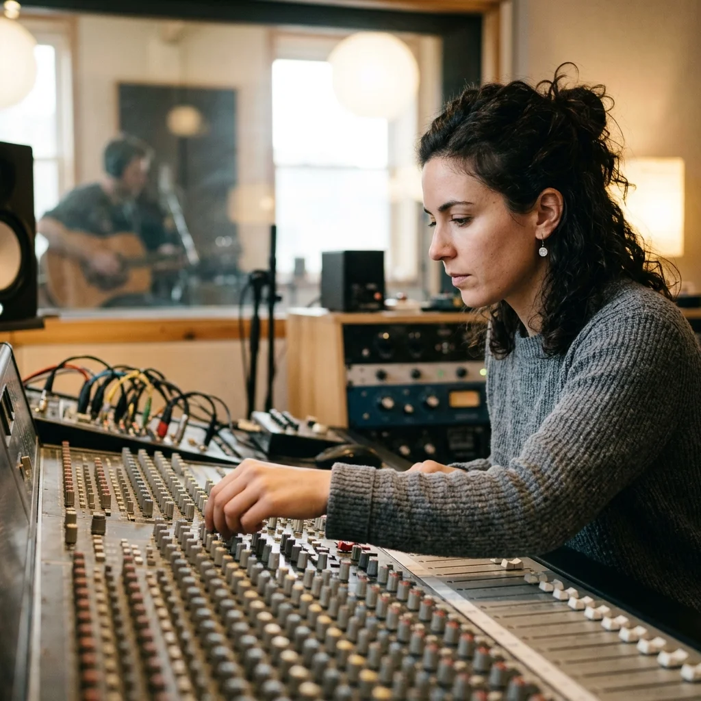 Songwriter turning rough ideas into lyrics with acoustic guitar nearby