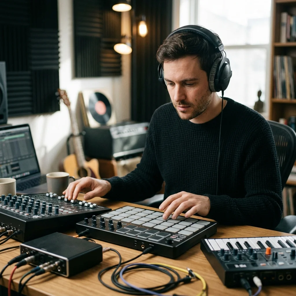 Beat producer tapping a drum pad controller for a new genre idea