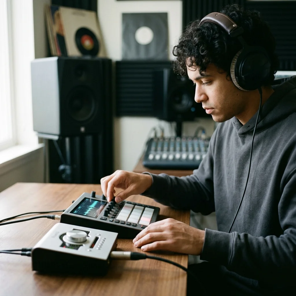 Independent musician shaping an AI music idea in a bright home studio