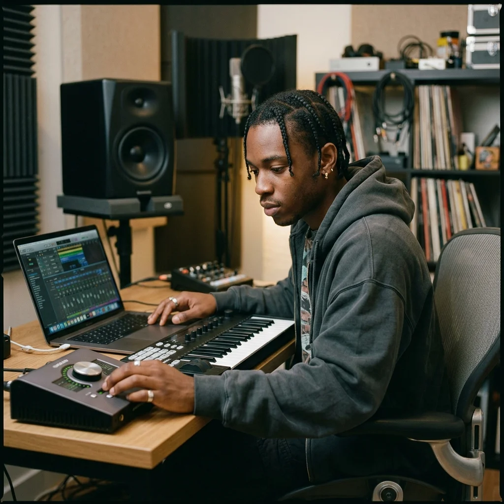 Beat producer tapping a drum pad controller for a new genre idea