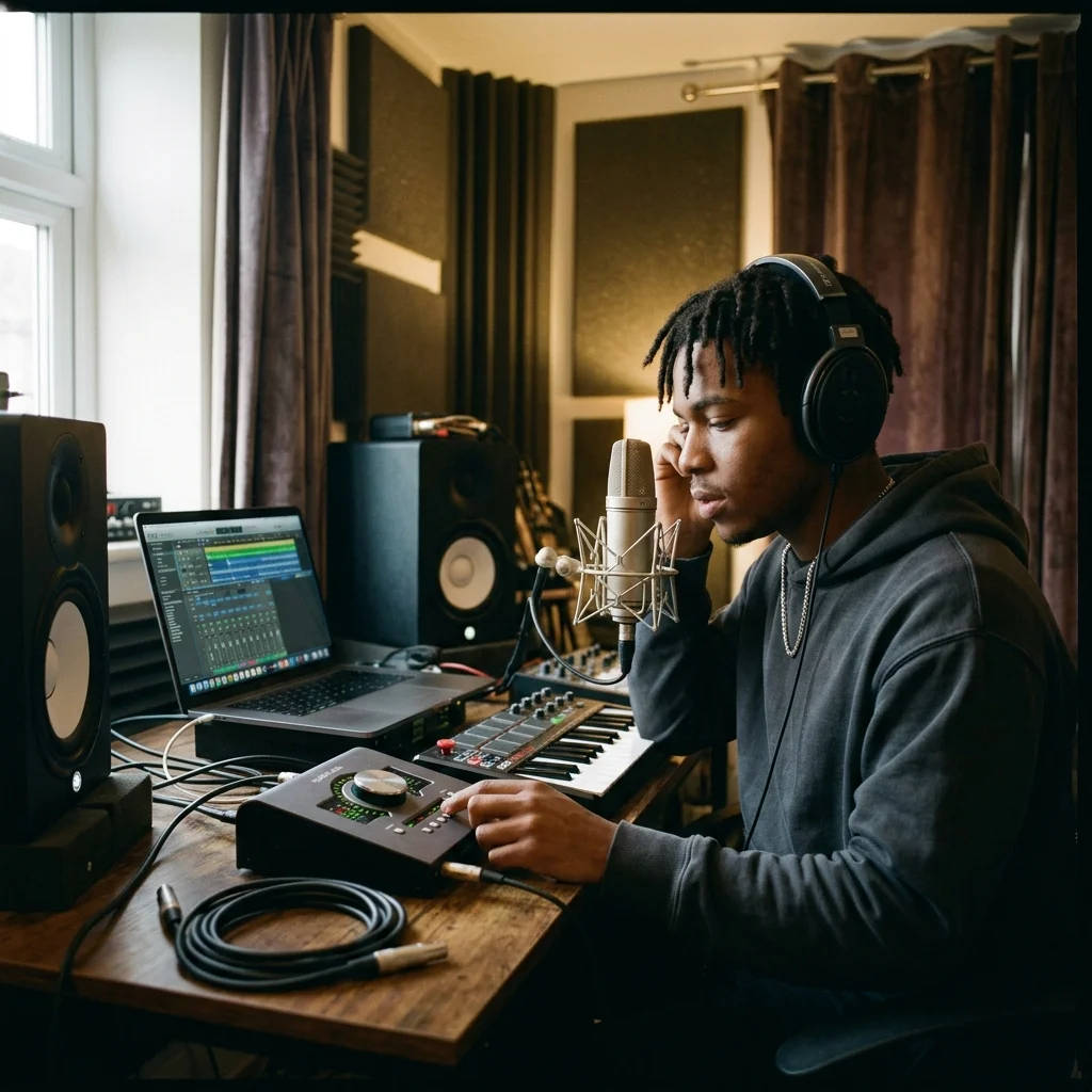 Independent musician shaping an AI music idea in a bright home studio