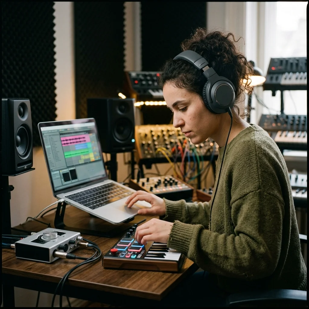 Beat producer tapping a drum pad controller for a new genre idea