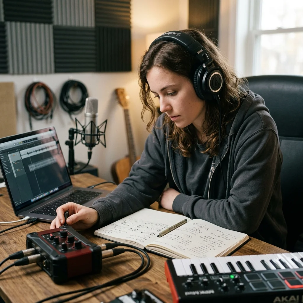 Independent musician shaping an AI music idea in a bright home studio