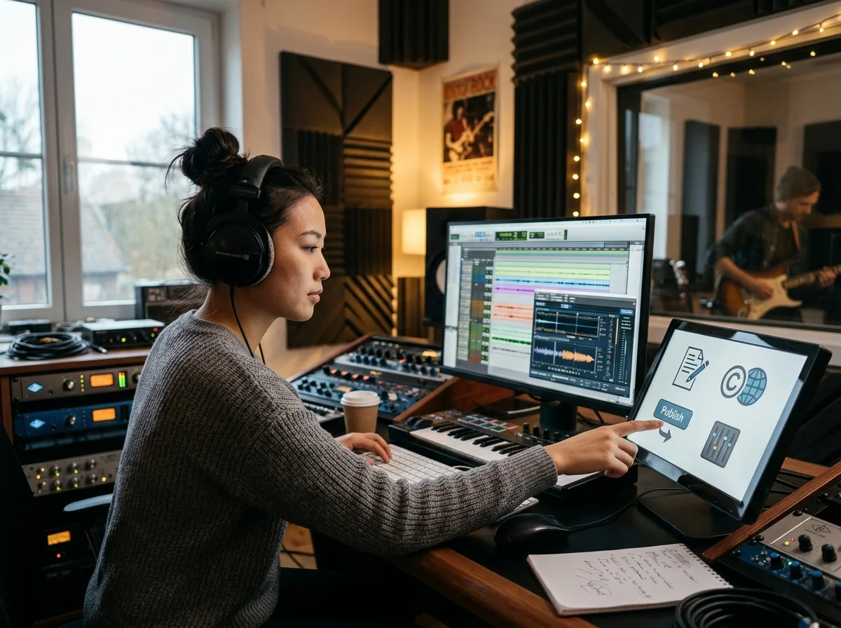 Creator editing a music video with waveform and caption timeline