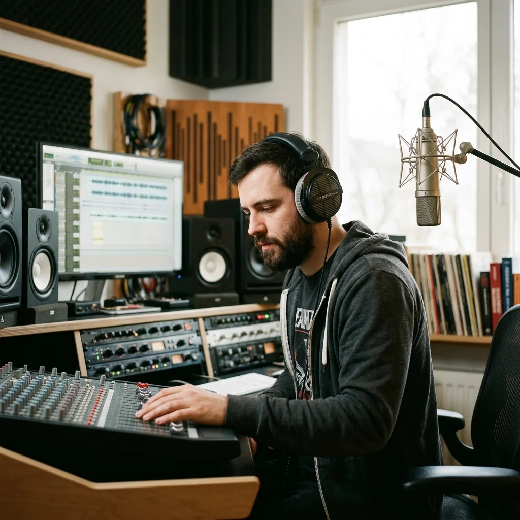 Independent musician shaping an AI music idea in a bright home studio