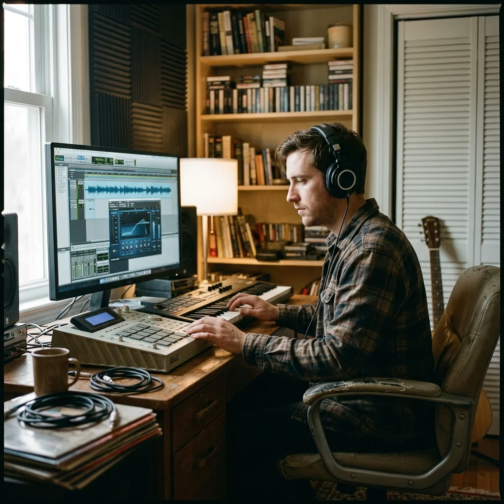 Songwriter turning rough ideas into lyrics with acoustic guitar nearby