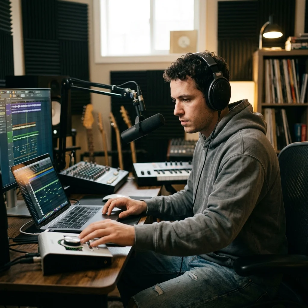 Beat producer tapping a drum pad controller for a new genre idea