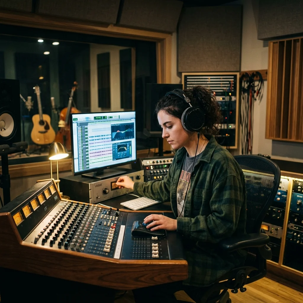 Independent musician shaping an AI music idea in a bright home studio