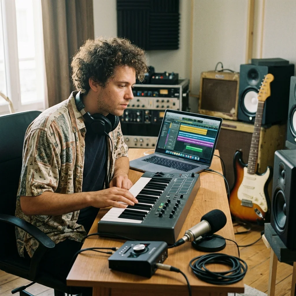 Beat producer tapping a drum pad controller for a new genre idea