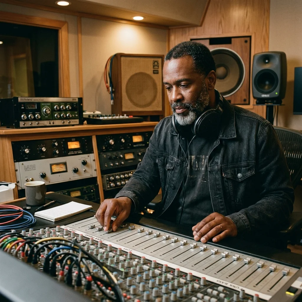 Independent musician shaping an AI music idea in a bright home studio