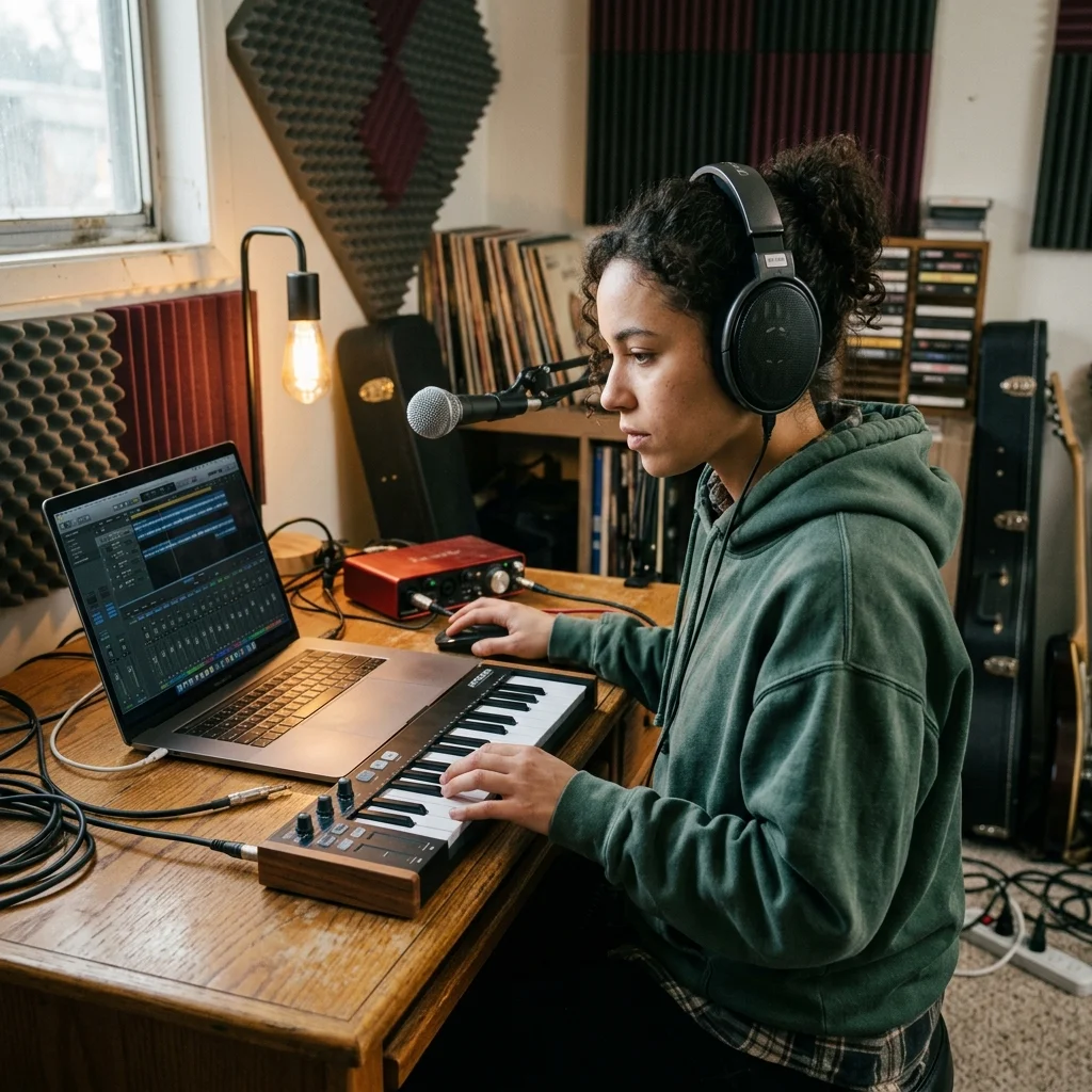 Beat producer tapping a drum pad controller for a new genre idea