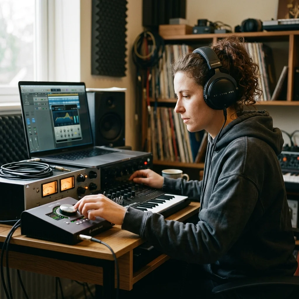 Independent musician shaping an AI music idea in a bright home studio