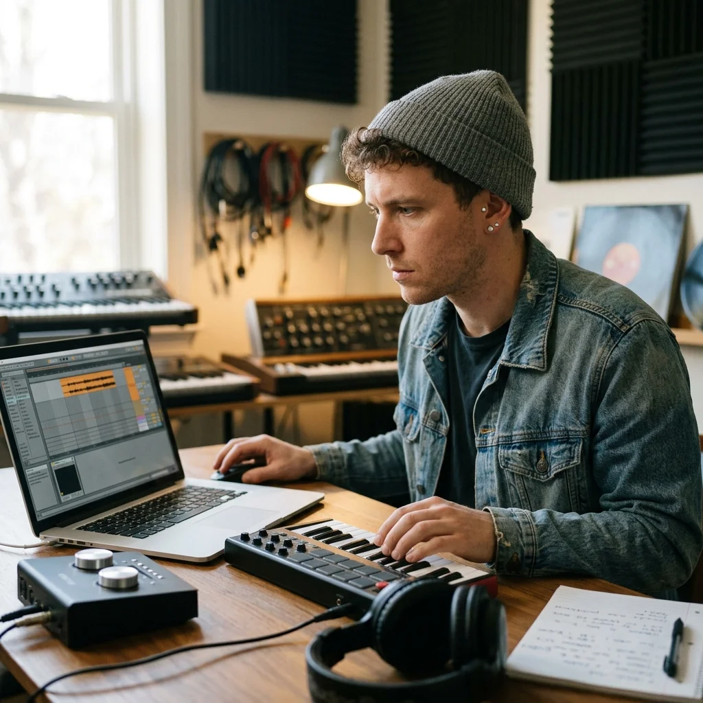 Beat producer tapping a drum pad controller for a new genre idea