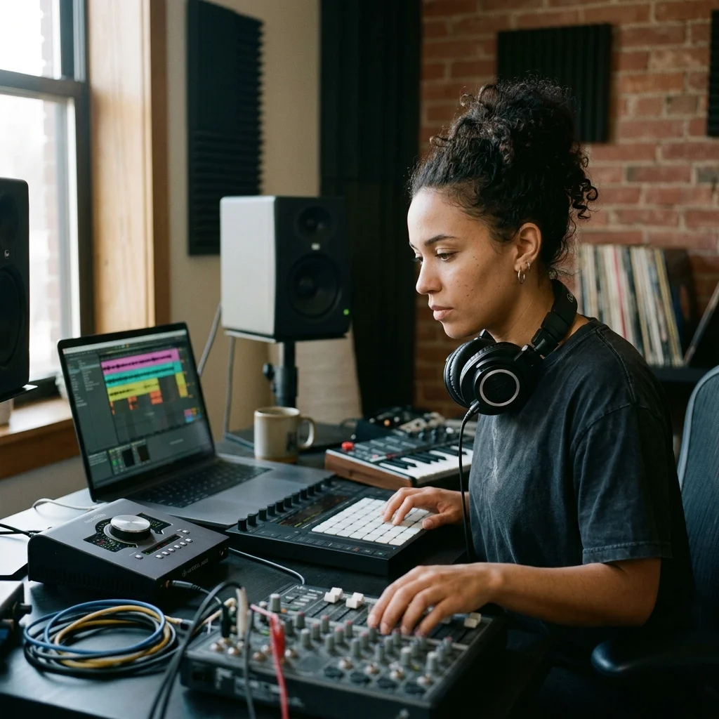 Beat producer tapping a drum pad controller for a new genre idea