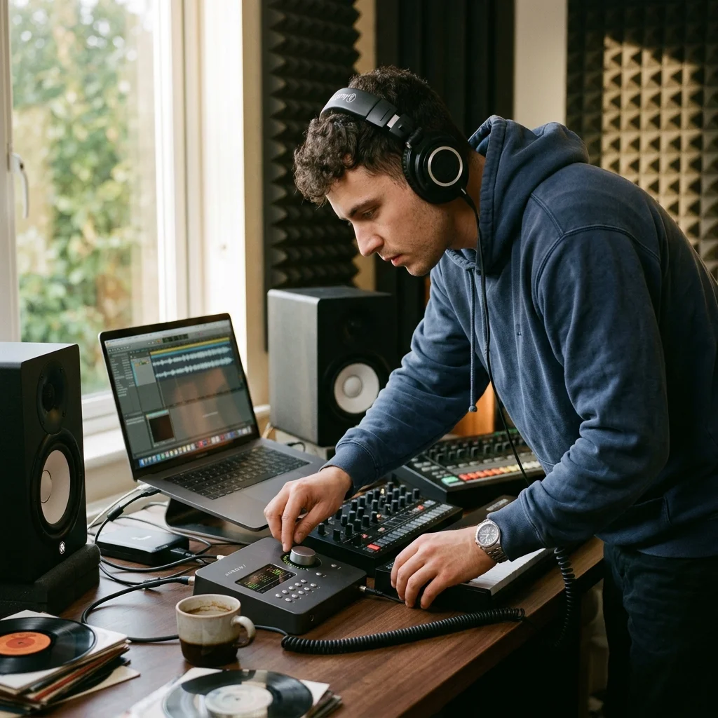 Independent musician shaping an AI music idea in a bright home studio