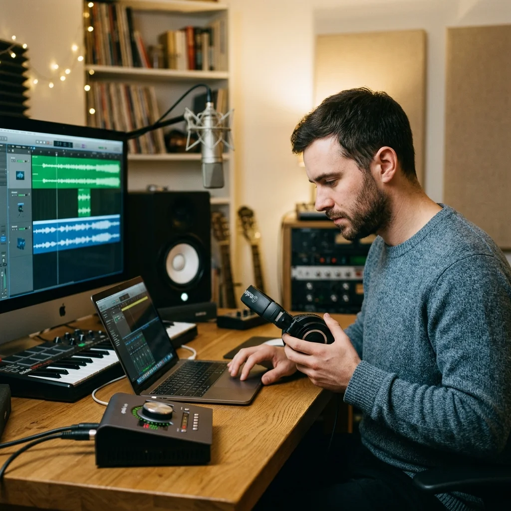 Independent musician shaping an AI music idea in a bright home studio