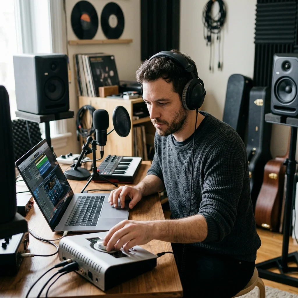 Songwriter turning rough ideas into lyrics with acoustic guitar nearby