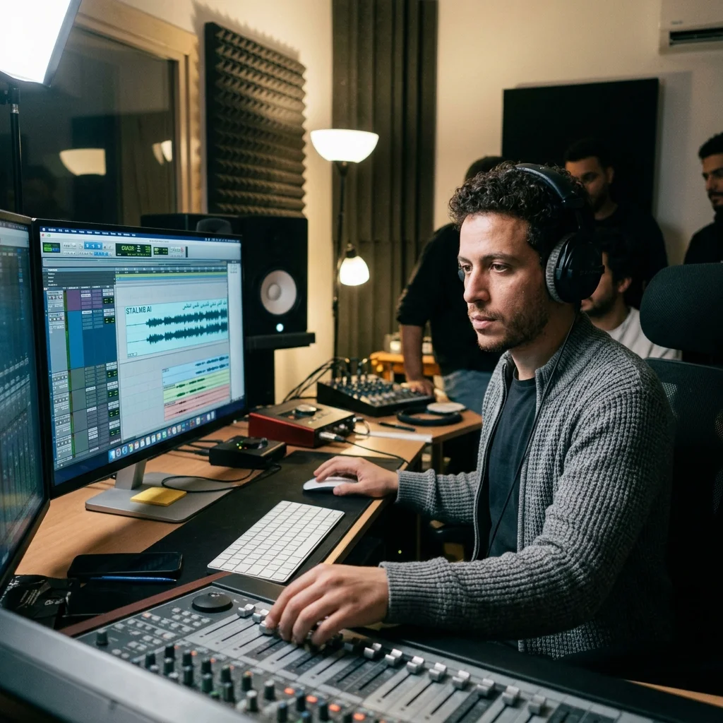 Audio engineer separating vocal and instrumental stems in a clean studio