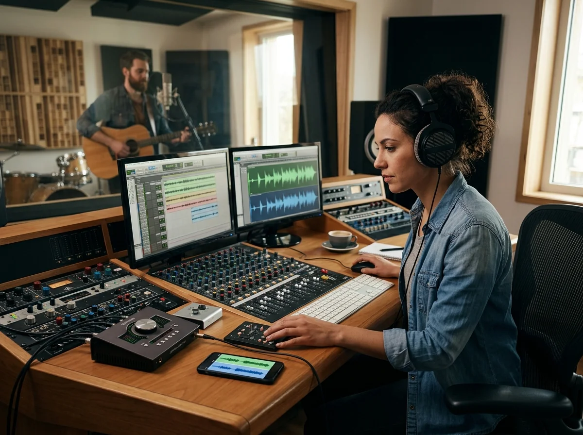 Independent musician shaping an AI music idea in a bright home studio