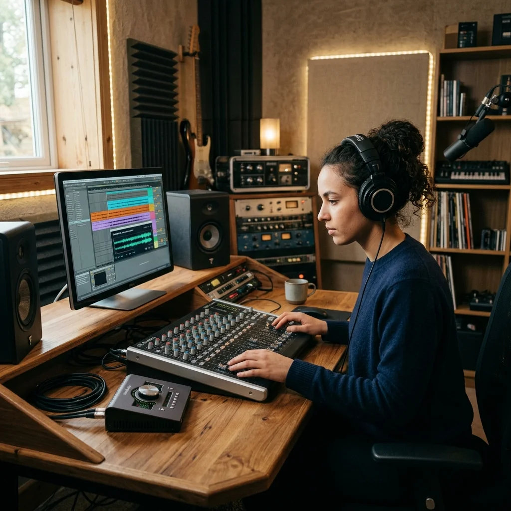 Audio engineer separating vocal and instrumental stems in a clean studio