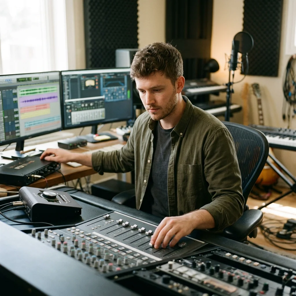 Sound designer analyzing BPM key and pitch before editing audio