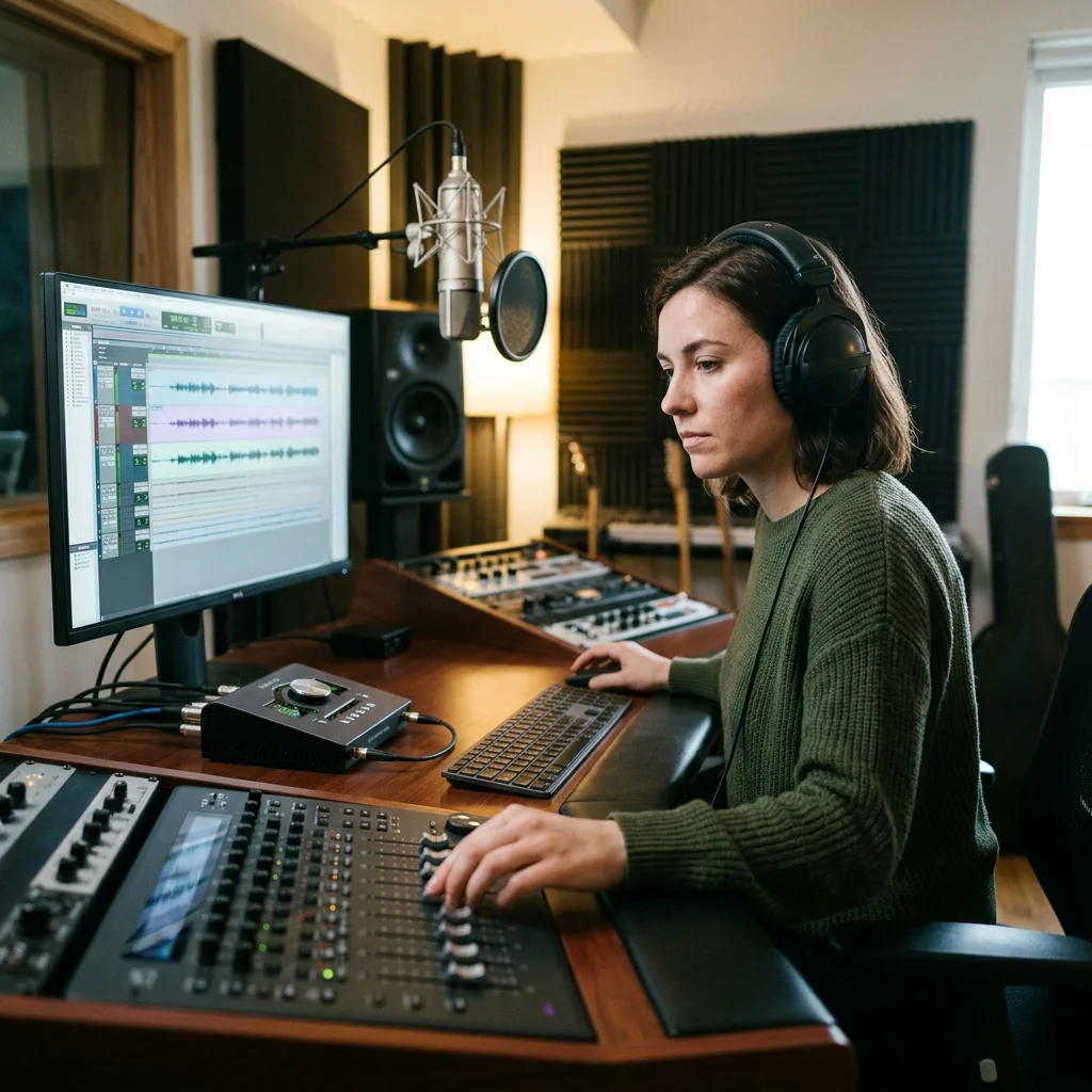 Audio engineer separating vocal and instrumental stems in a clean studio