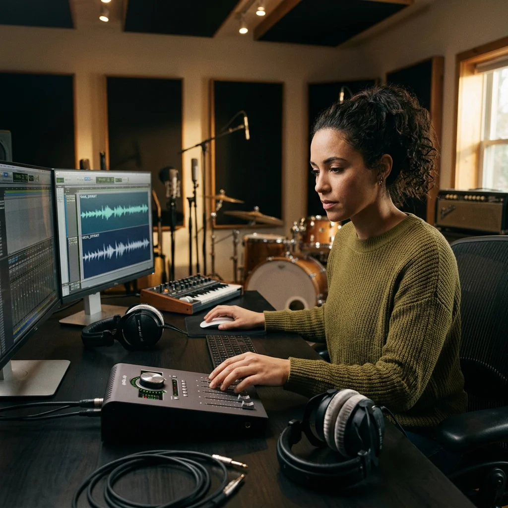 Audio engineer separating vocal and instrumental stems in a clean studio