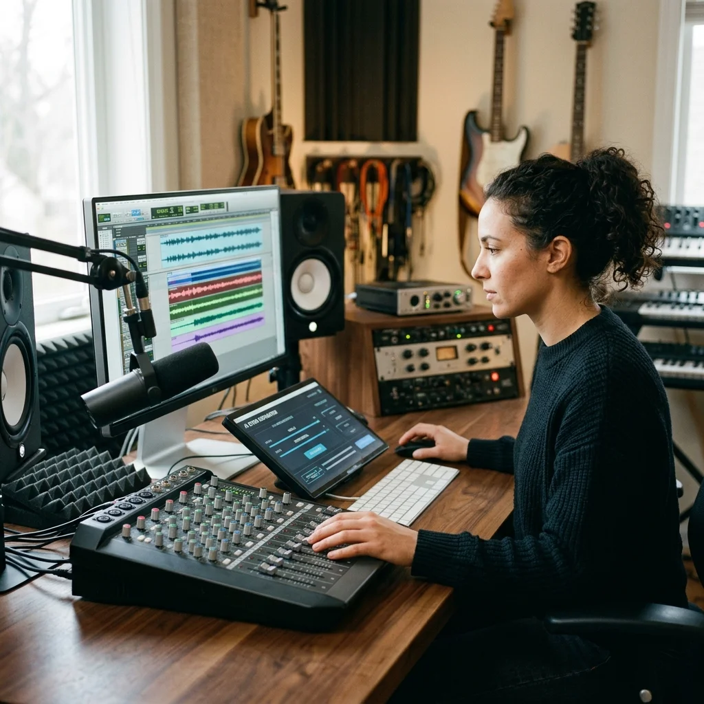 Sound designer analyzing BPM key and pitch before editing audio