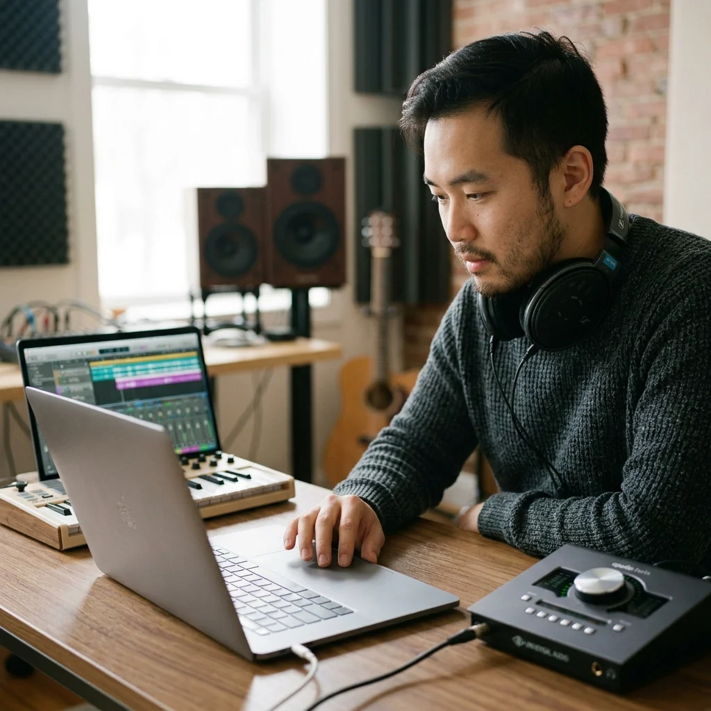 Independent musician shaping an AI music idea in a bright home studio