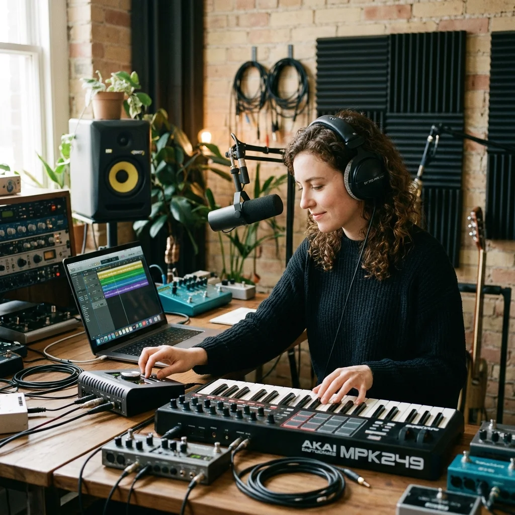 Independent musician shaping an AI music idea in a bright home studio