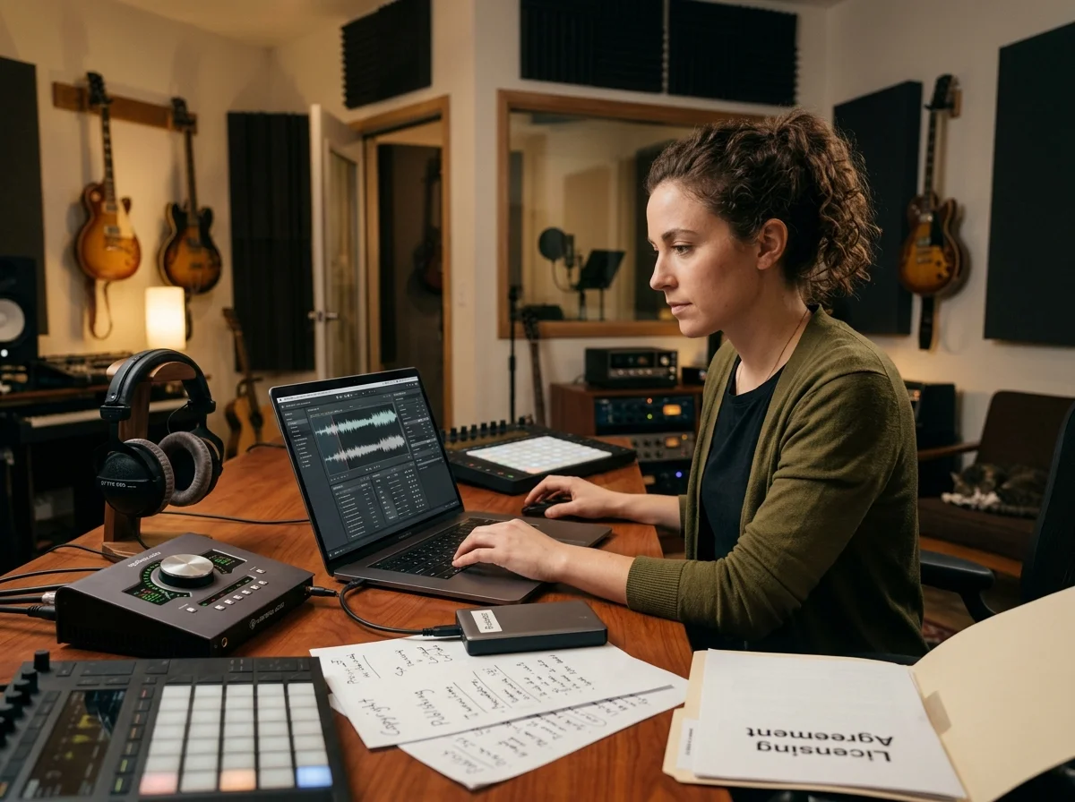 Creator editing a music video with waveform and caption timeline