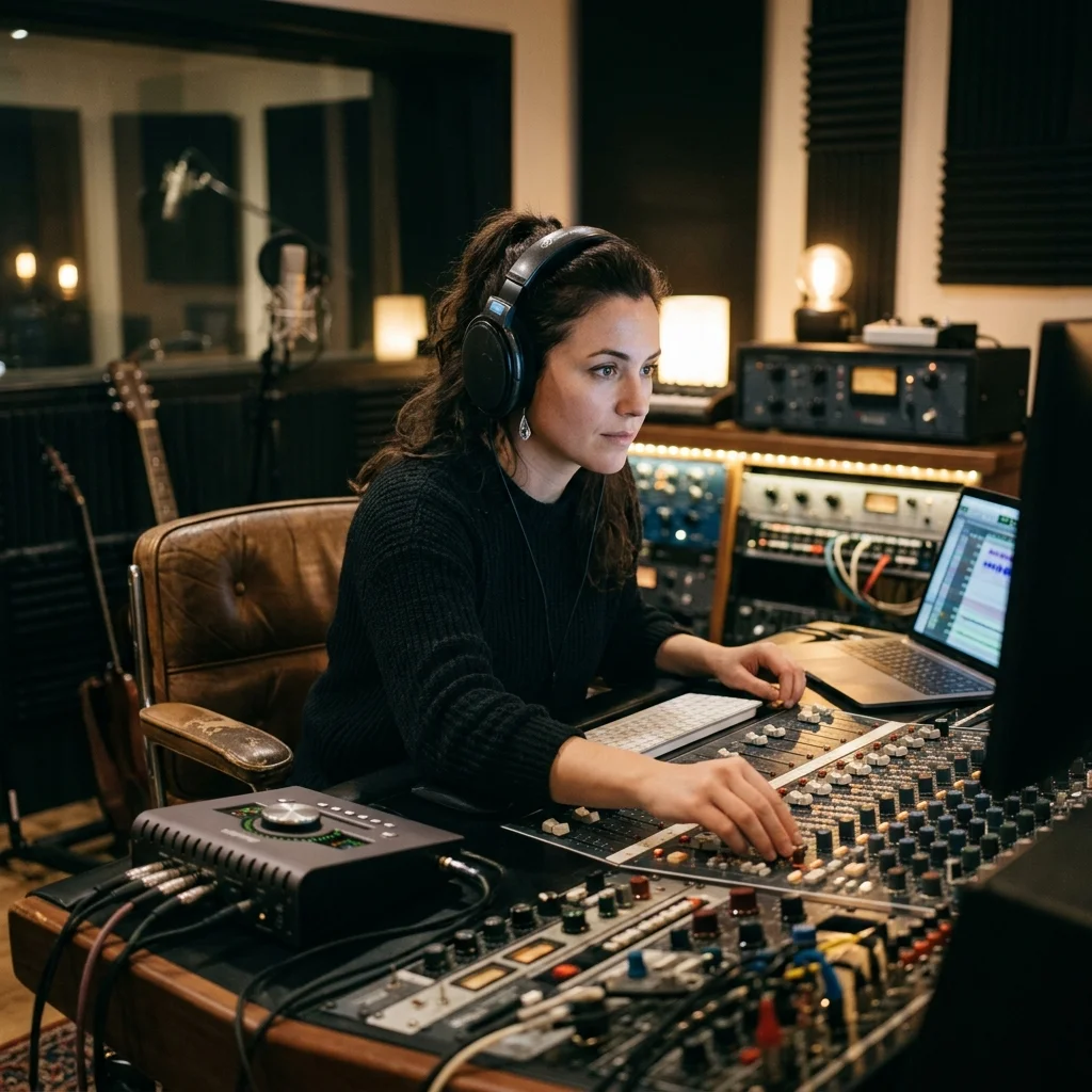 Independent musician shaping an AI music idea in a bright home studio