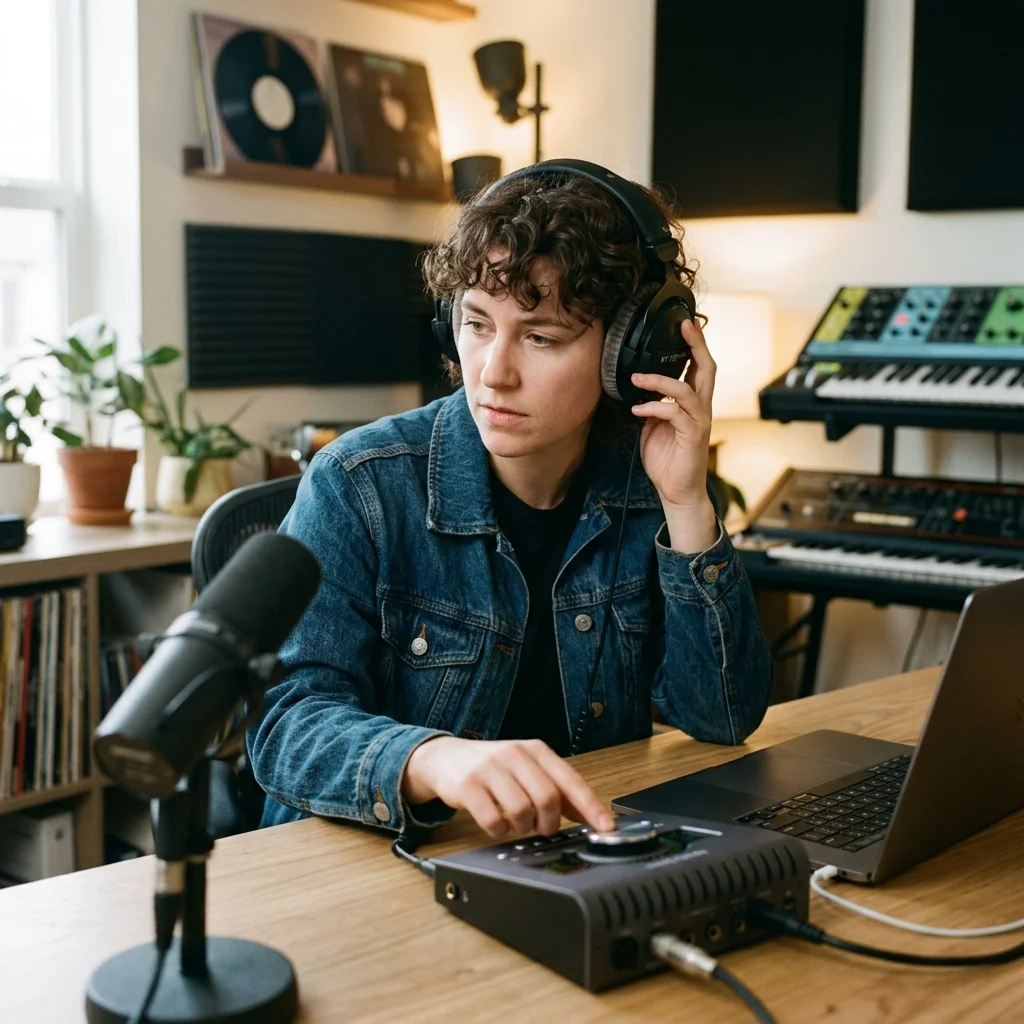 Songwriter turning rough ideas into lyrics with acoustic guitar nearby