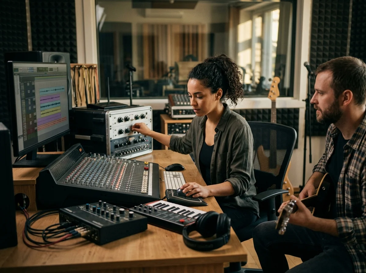 Audio engineer separating vocal and instrumental stems in a clean studio
