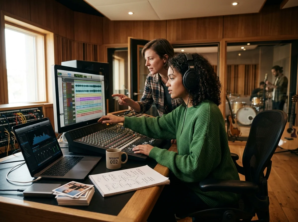 Independent musician shaping an AI music idea in a bright home studio