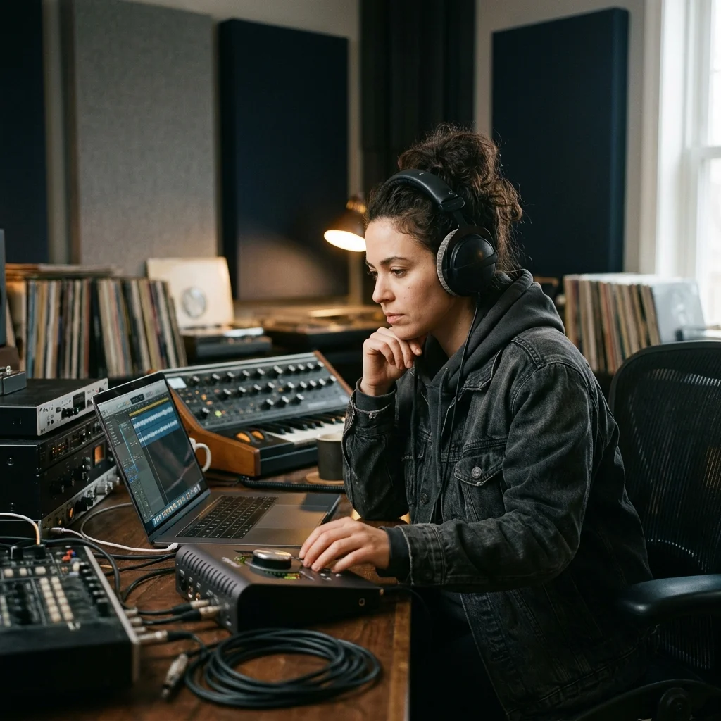 Audio engineer separating vocal and instrumental stems in a clean studio