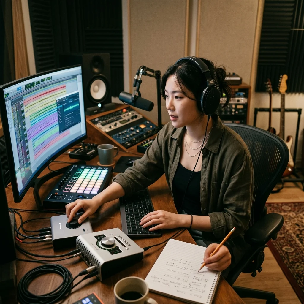 Beat producer tapping a drum pad controller for a new genre idea