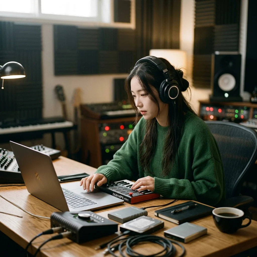 Independent musician shaping an AI music idea in a bright home studio