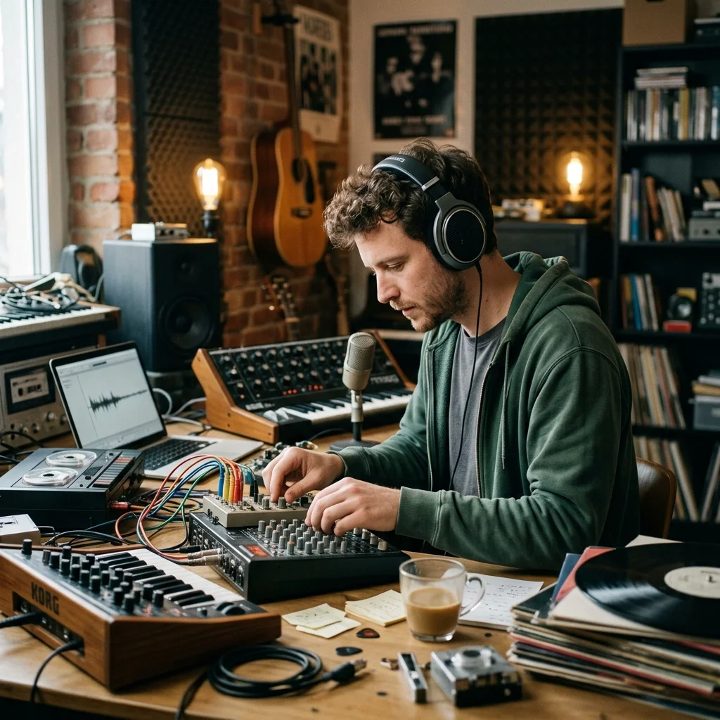 Creator shaping ambient background music with a compact sound texture device
