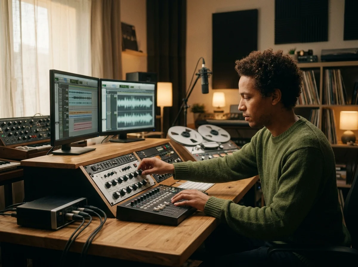 Sound designer analyzing BPM key and pitch before editing audio