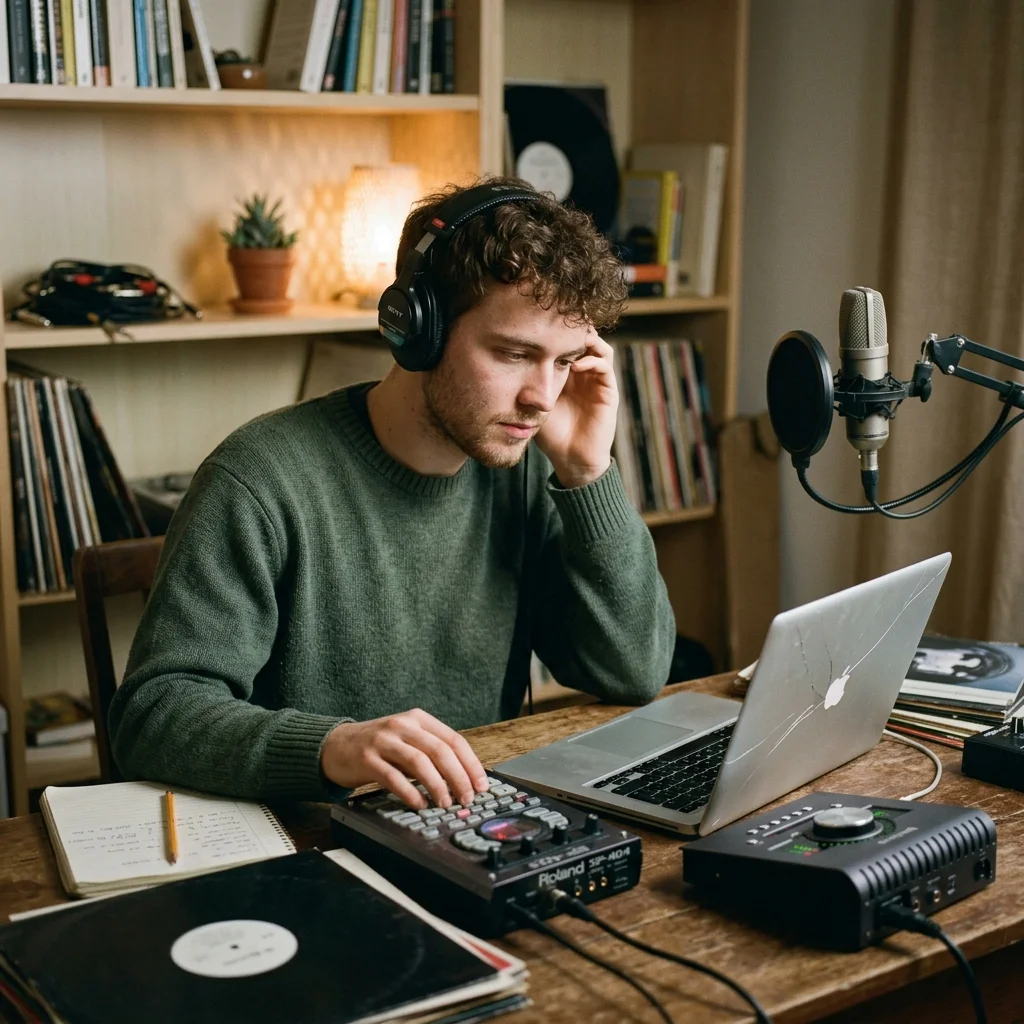 Creator shaping ambient background music with a compact sound texture device