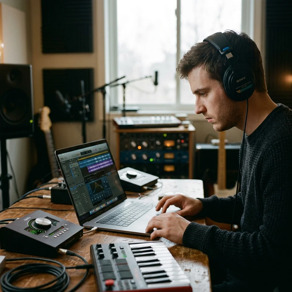 Creator editing a music video with waveform and caption timeline