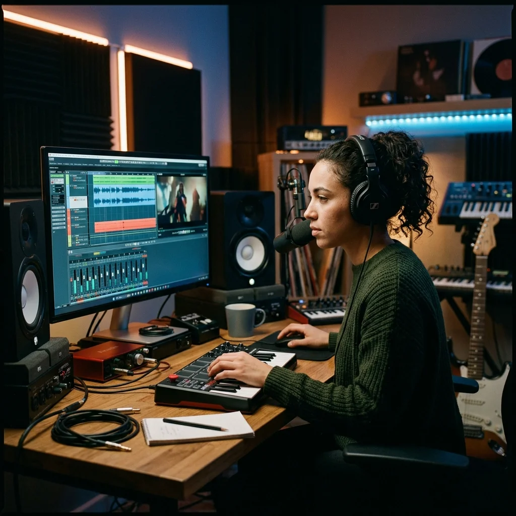 Independent musician shaping an AI music idea in a bright home studio