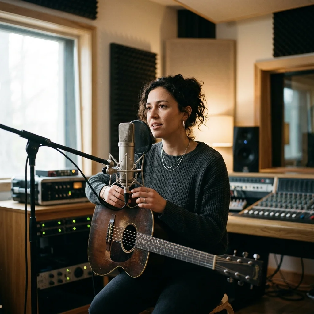 Independent musician shaping an AI music idea in a bright home studio