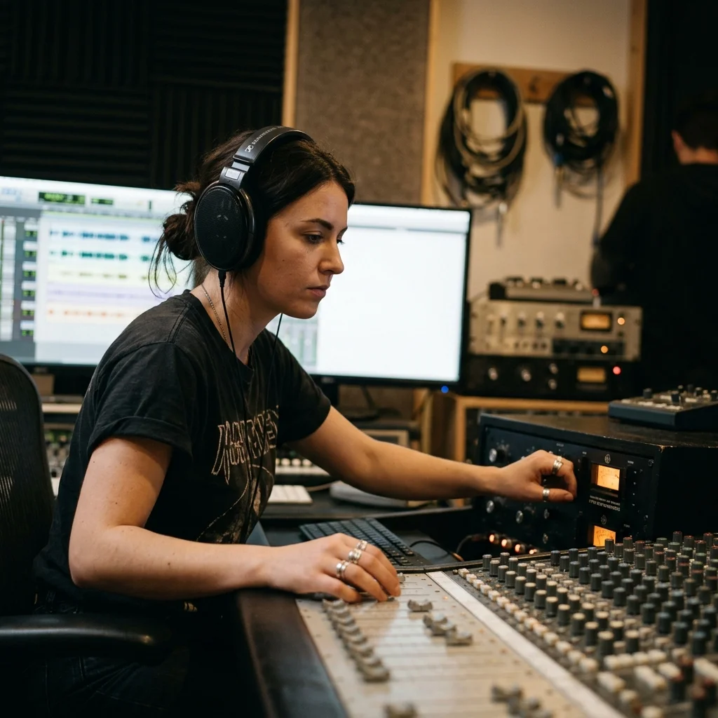 Independent musician shaping an AI music idea in a bright home studio