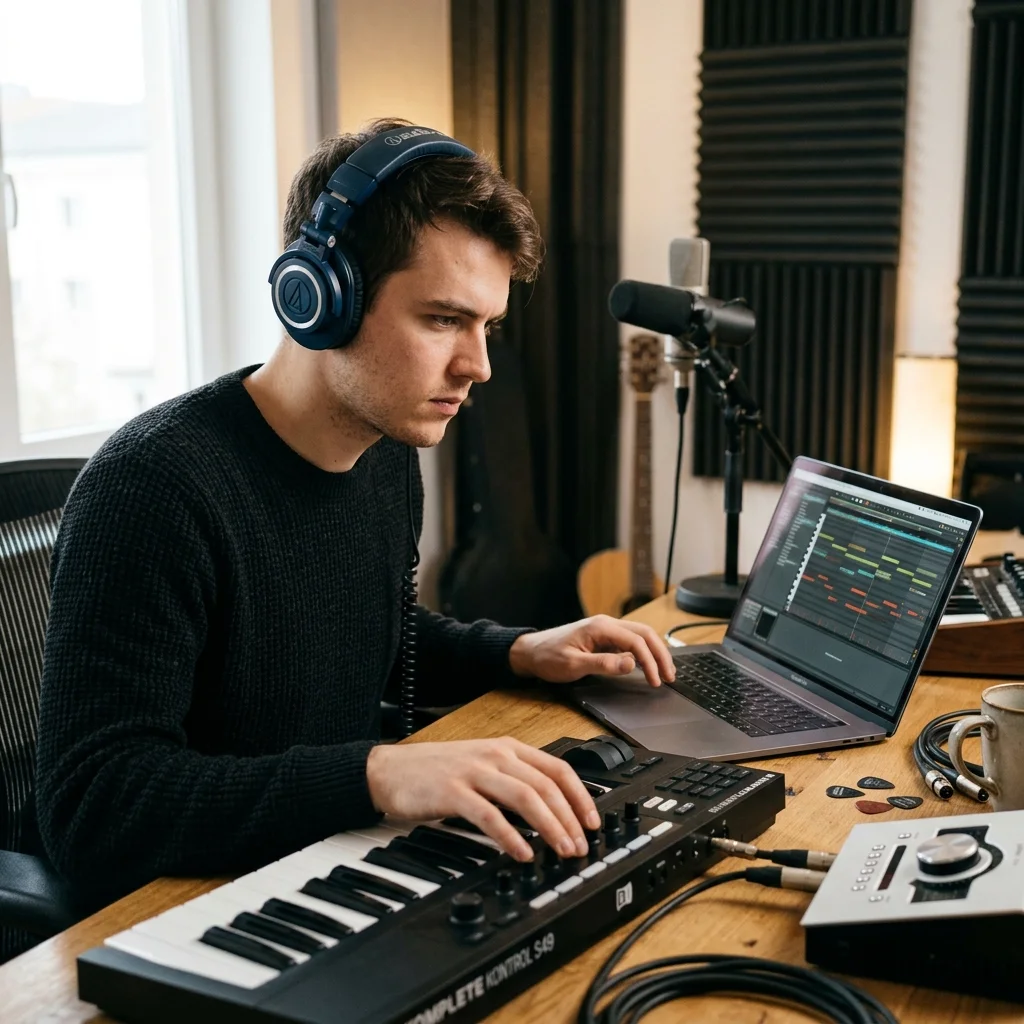 Composer building chords and MIDI ideas on a digital piano