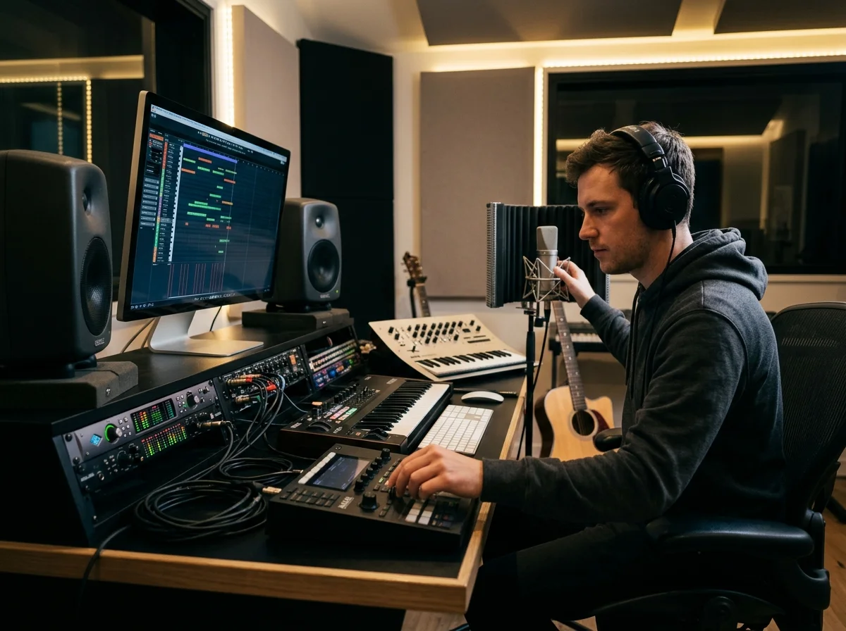 Beat producer tapping a drum pad controller for a new genre idea